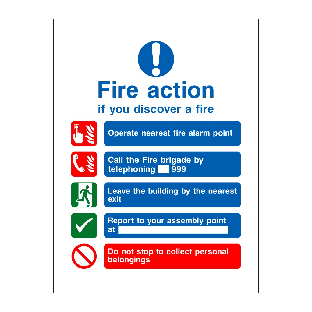 300mm x 200mm 1.2mm Rigid plastic Pack of 5 signs Fire action safety sign 