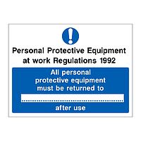 All personal protective equipment must be returned after use sign