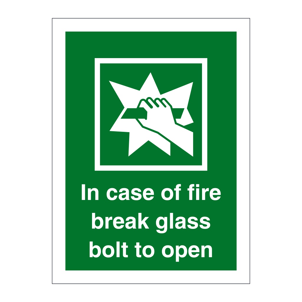 In Case of Fire Break Glass Bolt to Open sign British Safety Signs