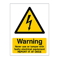 Warning Never use or tamper with faulty electrical equipment sign