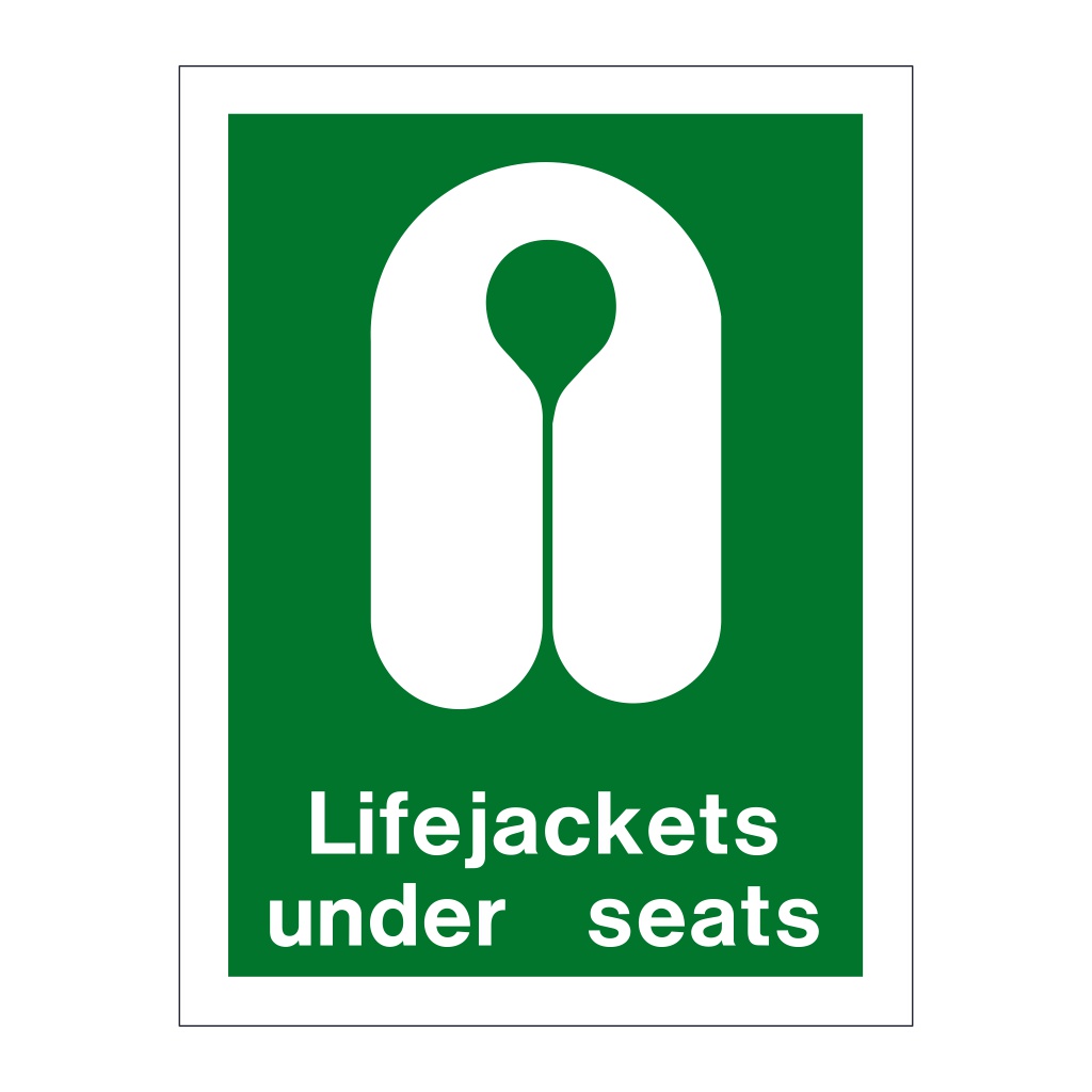 Lifejackets under seats with text (Marine Sign)