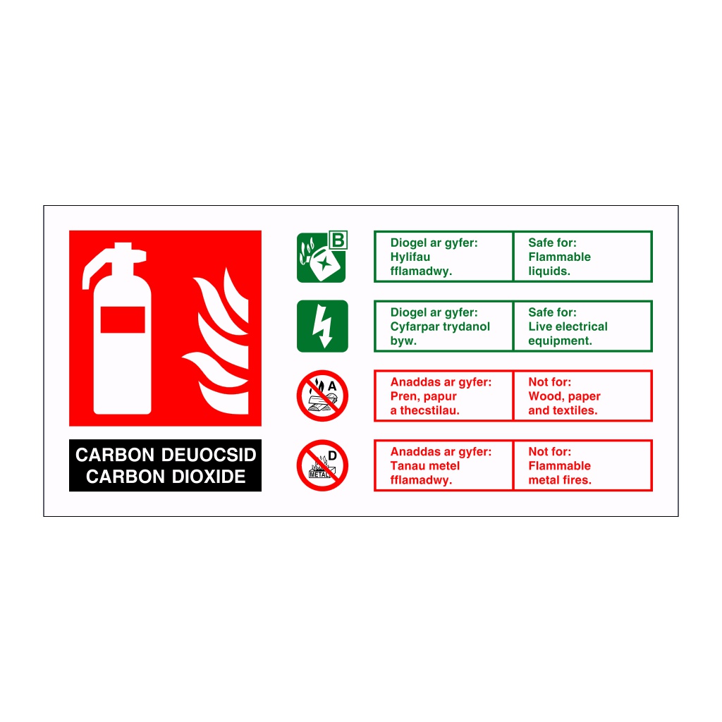 Carbon Dioxide fire extinguisher identification English/Welsh sign