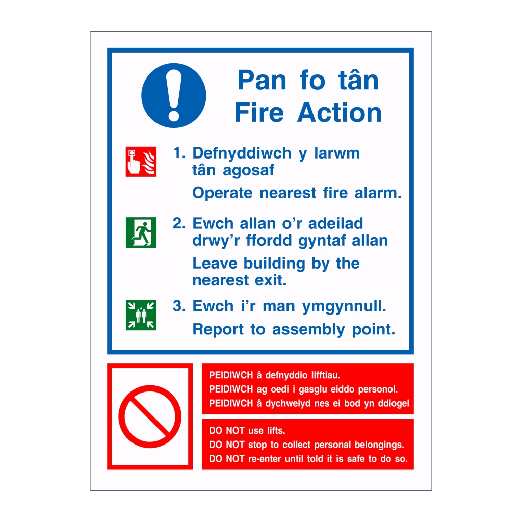 Fire action with assembly point details English/Welsh sign