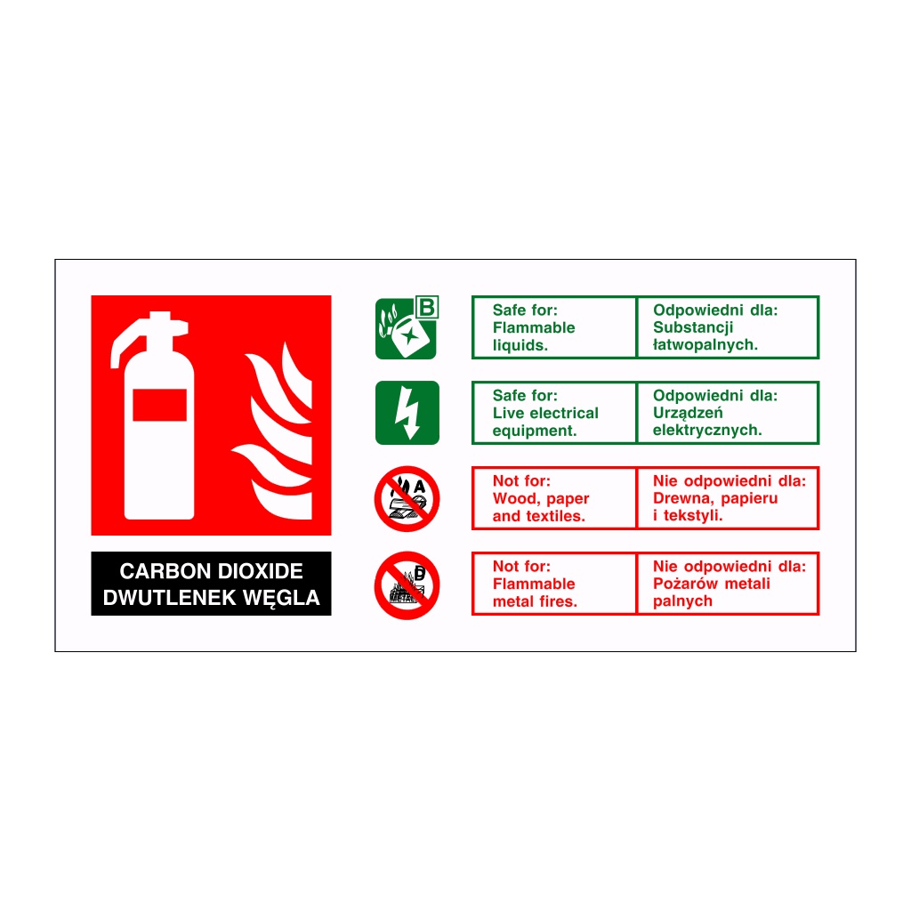 Carbon dioxide fire extinguisher identification English/Polish sign