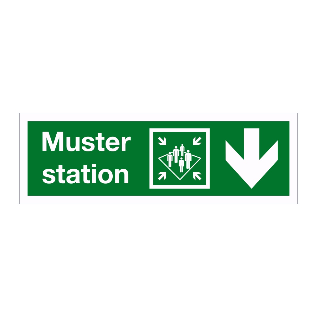 Muster station with down directional arrow 2019 (Marine Sign)