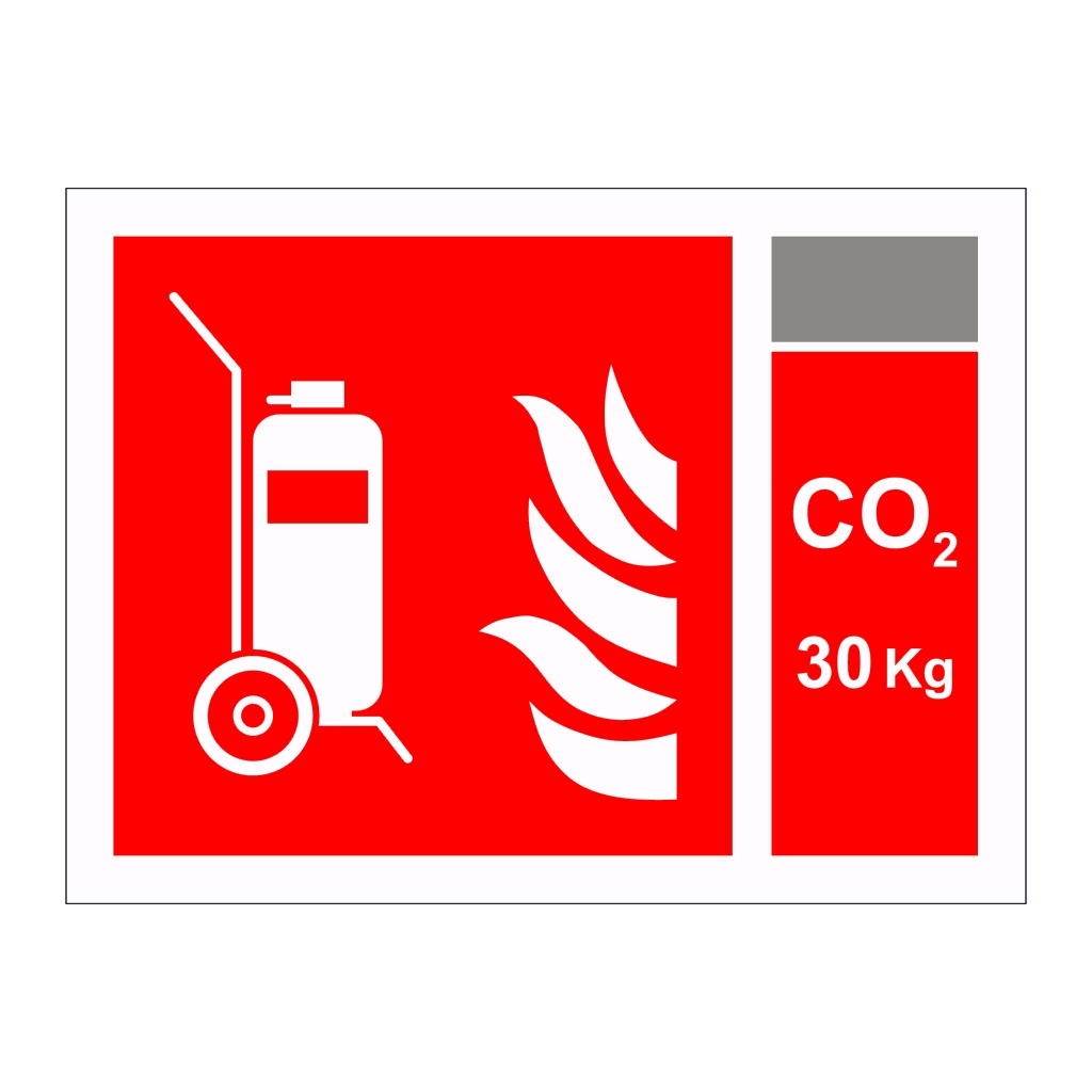 Wheeled fire extinguisher with 30kg CO2 Identification (Marine Sign)