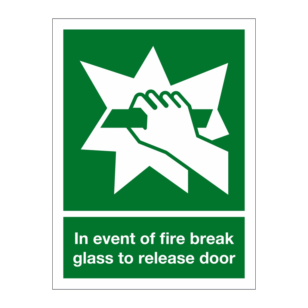 In the event of fire break glass to release door sign