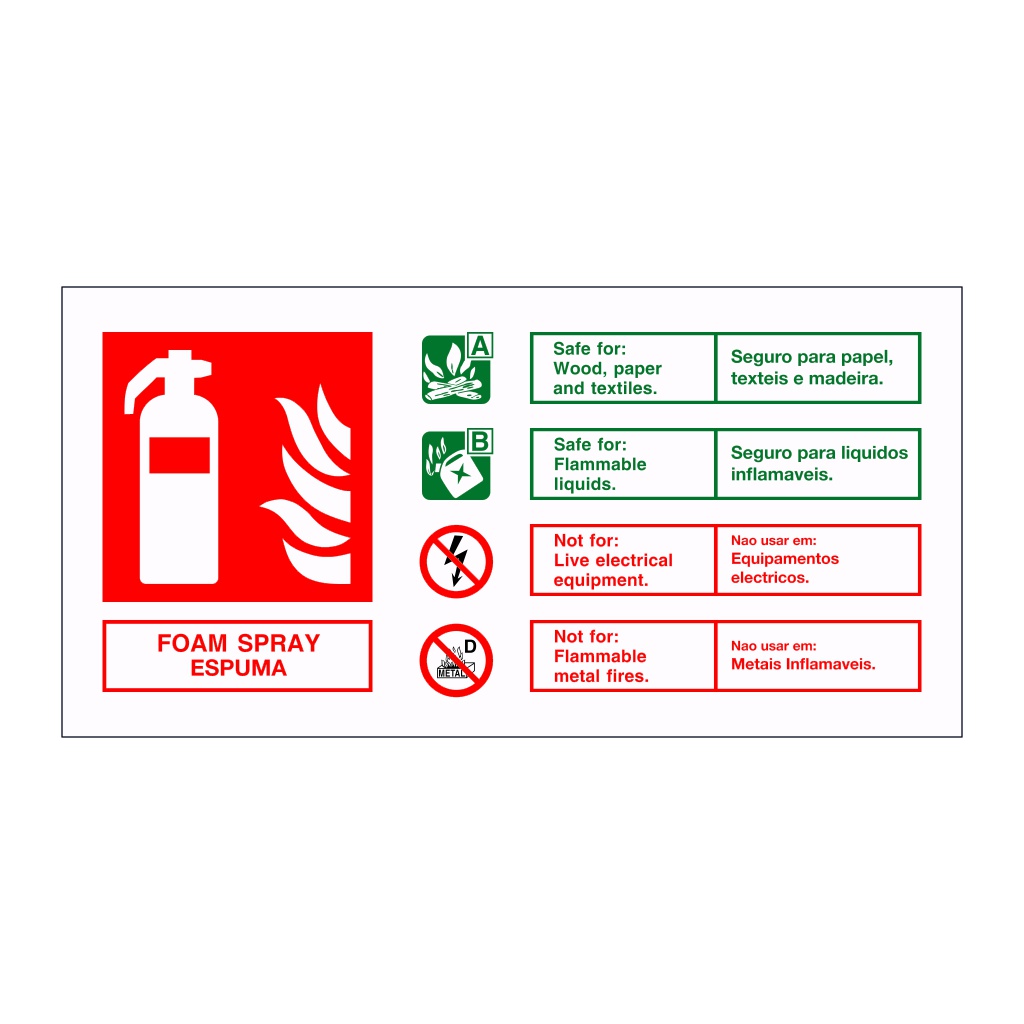 Foam spray fire extinguisher identification English/Portuguese sign