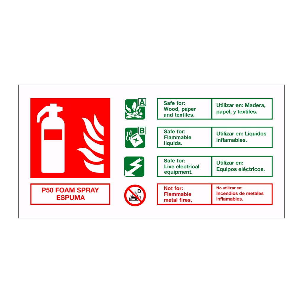 P50 Foam spray fire extinguisher identification English/Spanish sign