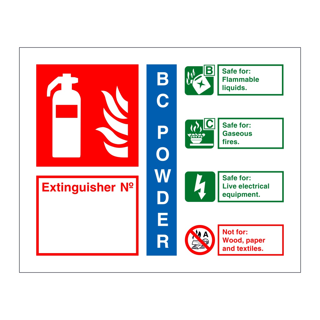 BC powder fire extinguisher identification with number (Marine Sign)