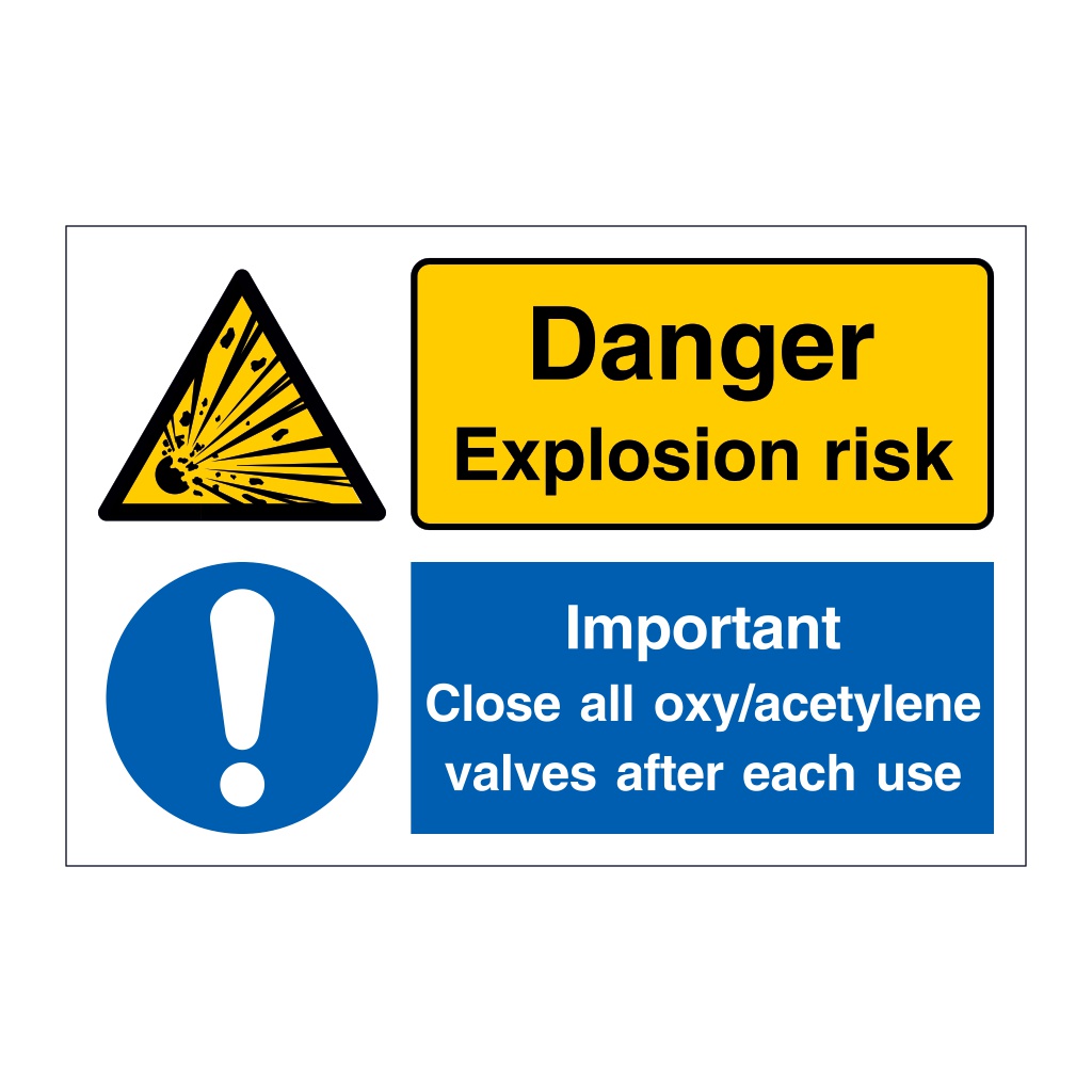 Danger Explosion risk Important Close all oxy acetylene valves after each use (Marine Sign)