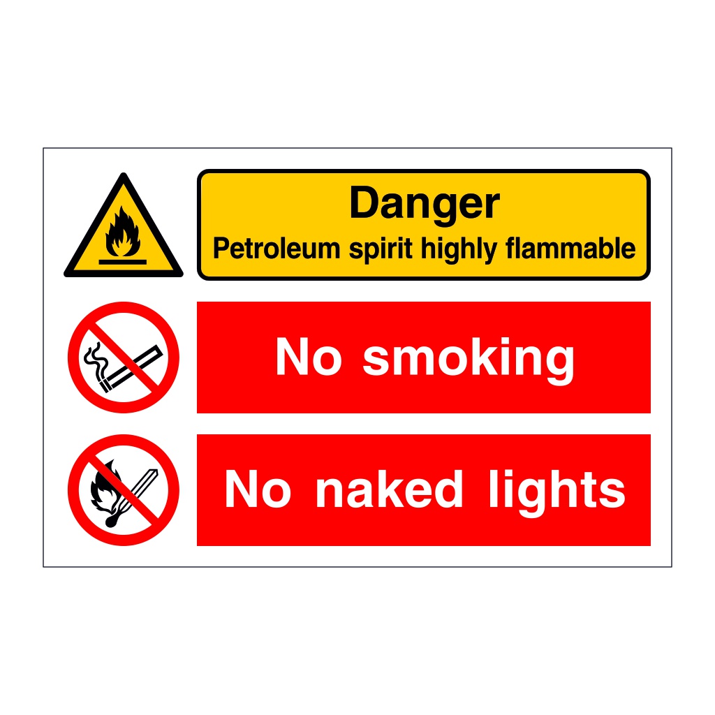 Danger Petroleum spirit highly flammable No smoking No naked lights (Marine Sign)