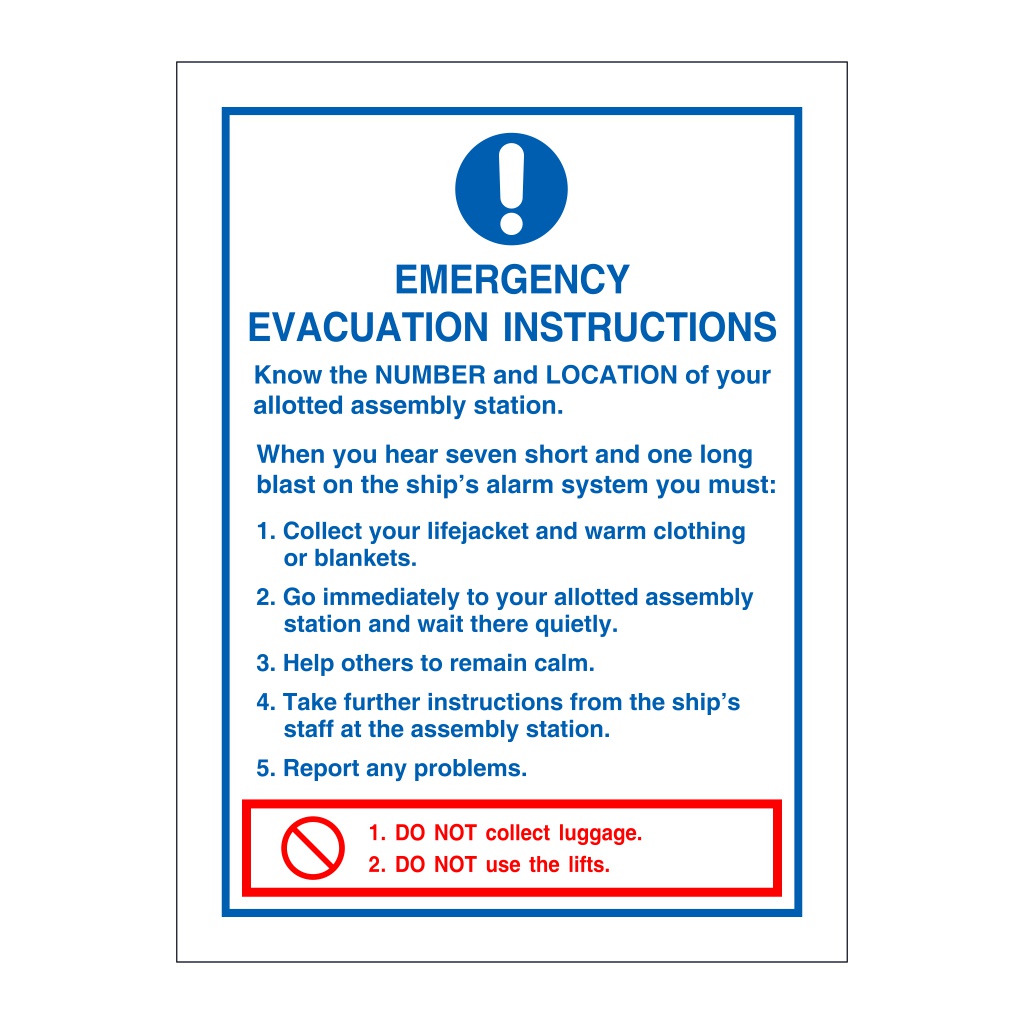 Emergency evacuation instructions (Marine Sign)