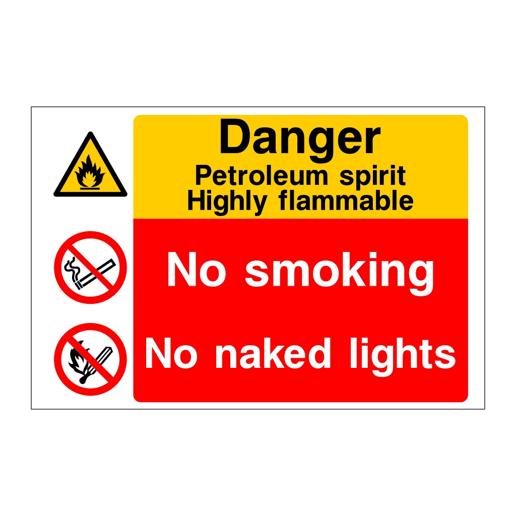 Danger Petroleum spirit Highly flammable No smoking No naked lights sign