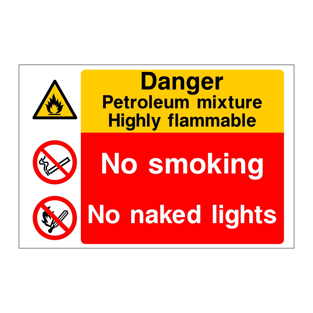 Danger Petroleum mixture Highly flammable No Smoking No naked lights sign