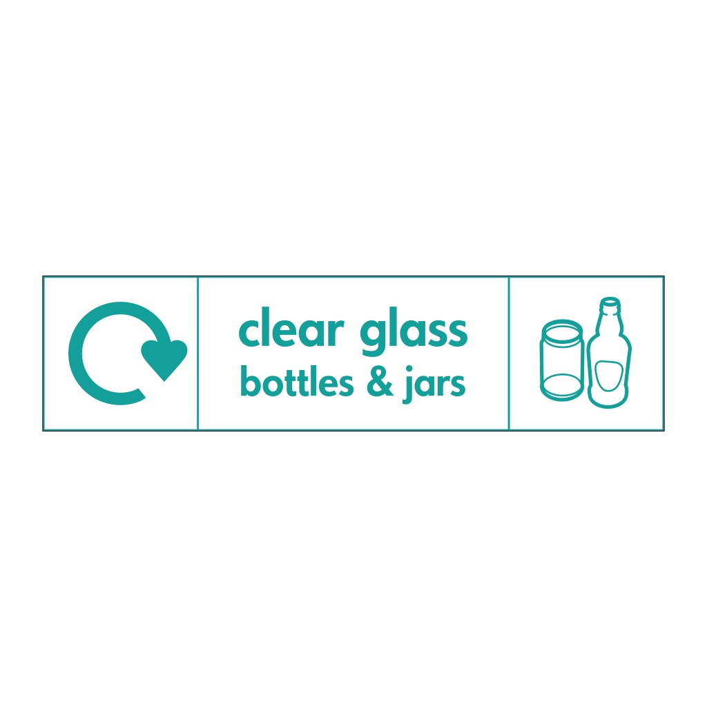 Clear glass bottles & jars with WRAP recycling logo & icon sign