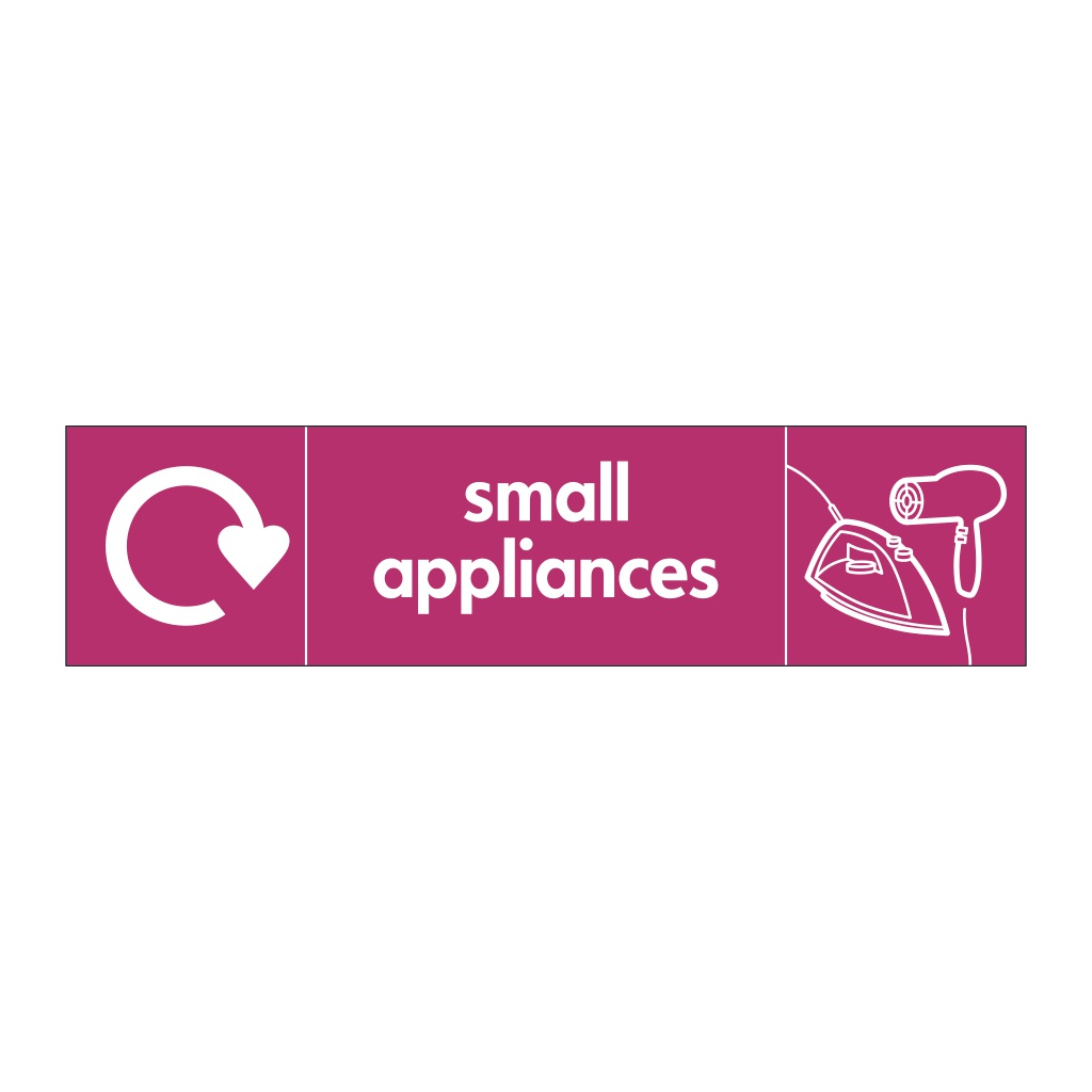 Small appliances with WRAP recycling logo & icon sign