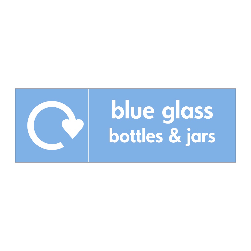 Blue glass bottles & jars with WRAP recycling logo sign
