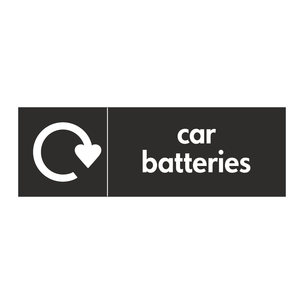 Car batteries with WRAP recycling logo sign