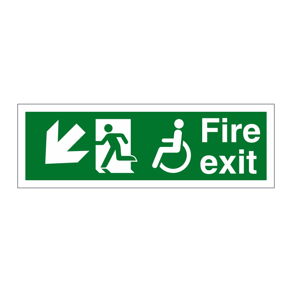 Fire exit with Disabled symbol arrow down left sign