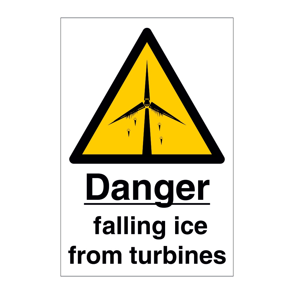 Danger Falling ice from turbines with text (Offshore Wind Sign)