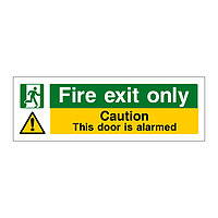 Fire exit only caution this door is alarmed sign
