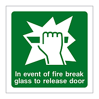 In the event of fire break glass to release door sign