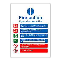 Fire action sign with symbols Building with lift/fire brigade called automatically