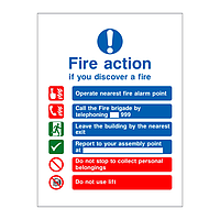 Fire action sign with symbols Building with lift version