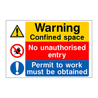 Warning confined space No unauthorised entry Permit to work must be obtained sign