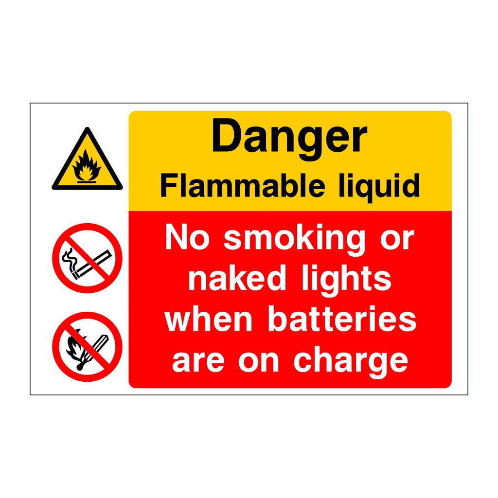 Danger Flammable liquid No smoking or naked lights when batteries are on charge sign