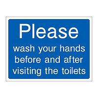 Please wash your hands before and after visiting the toilets sign