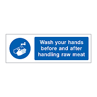 Wash your hands before and after handling raw meat sign