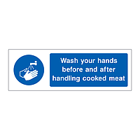 Wash your hands before and after handling cooked meat sign