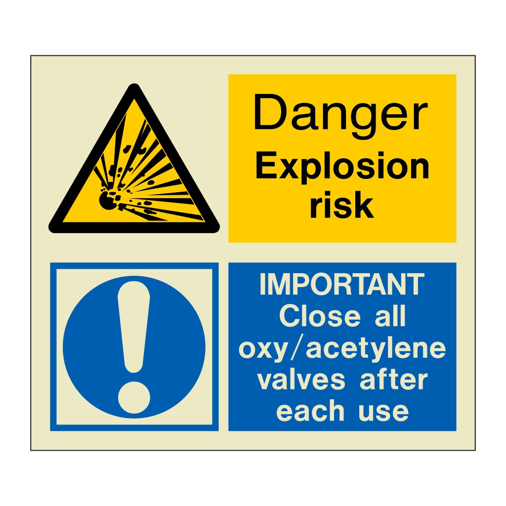 Danger Explosion risk Important close all oxy acetylene valves (Marine Sign)