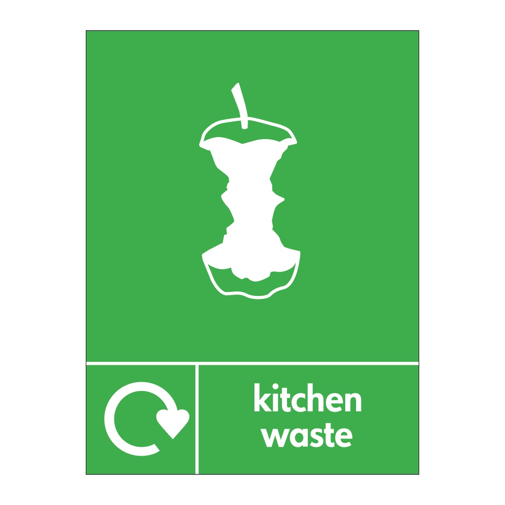 Kitchen waste with WRAP recycling logo & icon sign