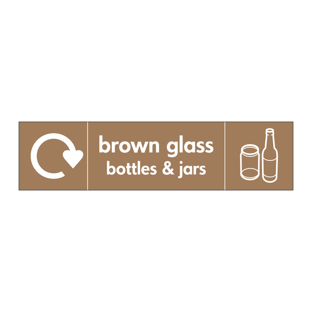 Brown glass bottles & jars with WRAP recycling logo & icon sign