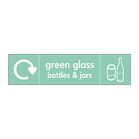 Green glass bottles & jars with WRAP recycling logo & icon sign