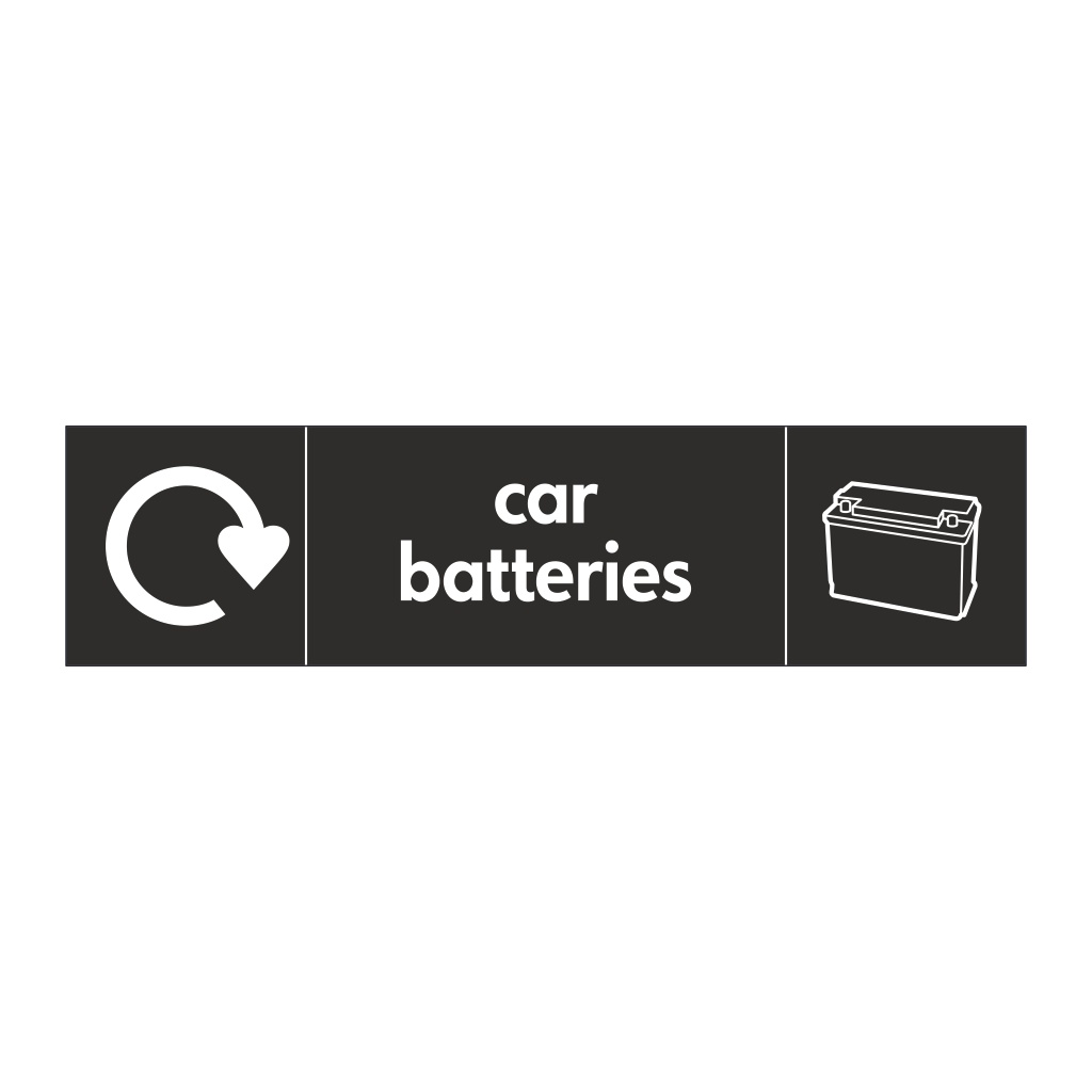 Car batteries with WRAP recycling logo & icon sign
