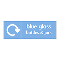 Blue glass bottles & jars with WRAP recycling logo sign