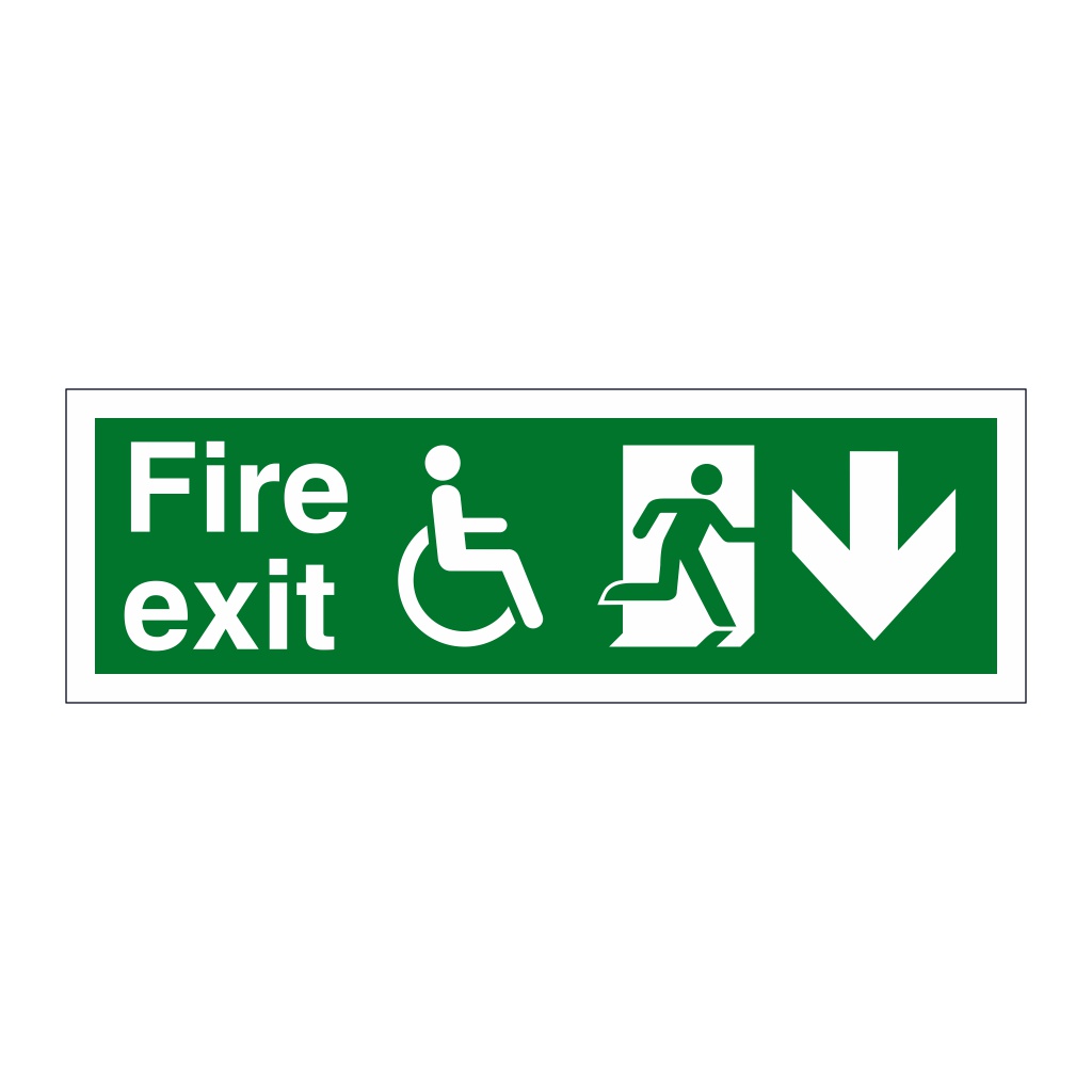 Fire exit with Disabled symbol arrow down sign