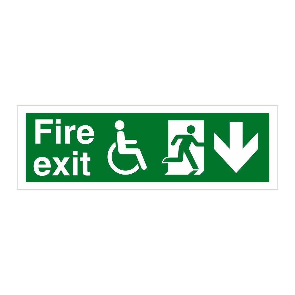 Fire exit with Disabled symbol arrow down sign