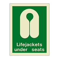 Lifejackets under seats with text (Marine Sign)