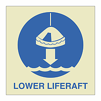 Lower liferaft to the water with text (Marine Sign)