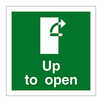 Handle up clockwise to open door sign