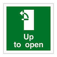 Handle up anti-clockwise to open door sign