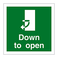 Handle down clockwise to open door sign