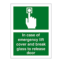 In case of emergency lift cover and break glass to release door sign