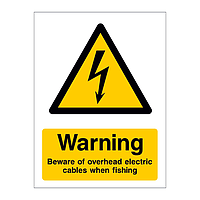 Warning Beware of overhead electric cables when fishing sign
