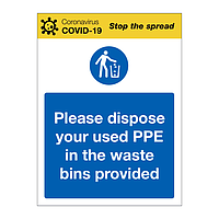 Please dispose your used PPE in the waste bins provided Covid-19 sign